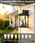 Two Pack Outdoor Wall Sconce Lights Waterproof Exterior Porch Fixtures With Rust Resistant Metal Housing Frosted Glass Deer Pattern And E26 Socket For Home Garage Patio Front Door shown on house wall.