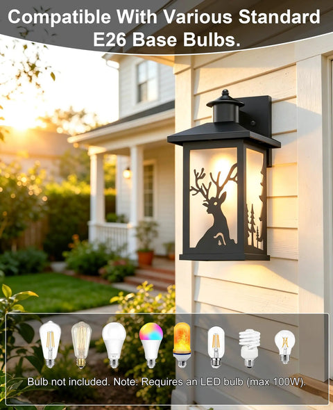 Two Pack Outdoor Wall Sconce Lights Waterproof Exterior Porch Fixtures With Rust Resistant Metal Housing Frosted Glass Deer Pattern And E26 Socket For Home Garage Patio Front Door shown on house wall.