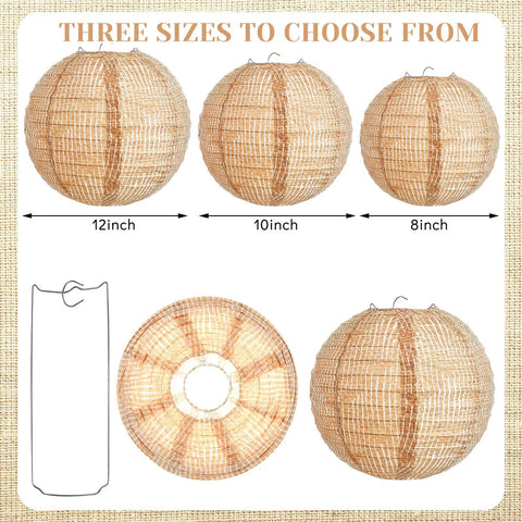 12 Pack 8 Inch Burlap Paper Lanterns Round Chinese Lanterns For Farmhouse Boho Home Decor Classrooms Parties Birthdays And Ceremonial Events Rustic Charm Vibe, showing three burlap-pattern sizes.