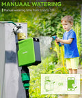 Child using WiFi Hose Timer With Brass Inlet Smart Sprinkler Timer for Garden Hose, connected to a faucet