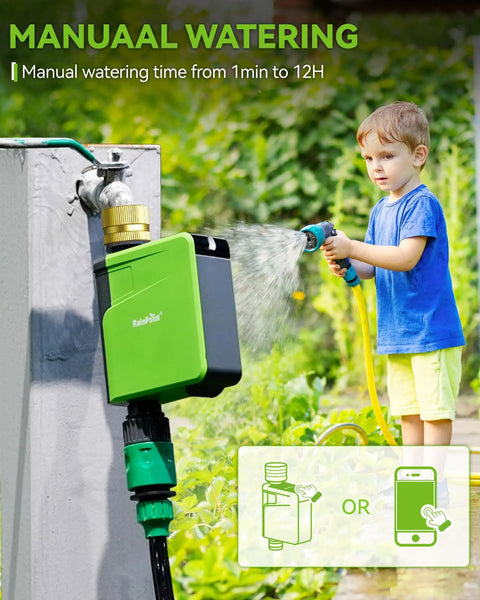 Child using WiFi Hose Timer With Brass Inlet Smart Sprinkler Timer for Garden Hose, connected to a faucet