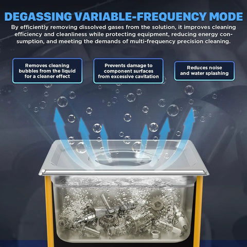 Degassing variable-frequency mode shown in Heavy Duty Ultrasonic Cleaning Machine With Digital Timer Plus Integrated Heater 10 Liter Capacity 40Khz Frequency.