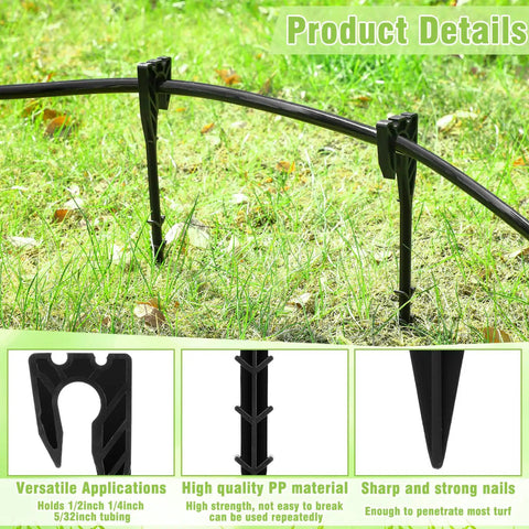 50 Pack 8 Inch Hose Hold-Down Anchor Stakes securing drip tubing on grass, showing versatility and durable PP material.
