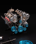 Hands On V8 Engine Model Kit That Actually Runs with detailed aluminum and steel parts on a black background showcasing pulleys.