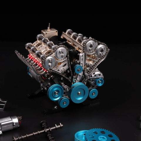 Hands On V8 Engine Model Kit That Actually Runs with detailed aluminum and steel parts on a black background showcasing pulleys.