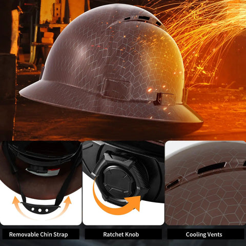 Full Brim Vented Hard Hat For The Job Site, Heavy Duty Construction Helmet With 6 Point Suspension, OSHA Approved Safety Gear, Brown