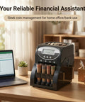 No Sweat Heavy Duty Coin Counter And Auto Wrapper Machine With Rapid 312 Coins Per Minute Pace and 400 Coin Hopper in home office.