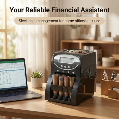 No Sweat Heavy Duty Coin Counter And Auto Wrapper Machine With Rapid 312 Coins Per Minute Pace and 400 Coin Hopper in home office.