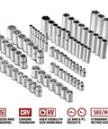 Heavy-Duty 200 Piece Mechanic Tool Set With 1/4, 3/8, And 1/2 Inch Drive Sockets, SAE And Metric, chrome sockets displayed