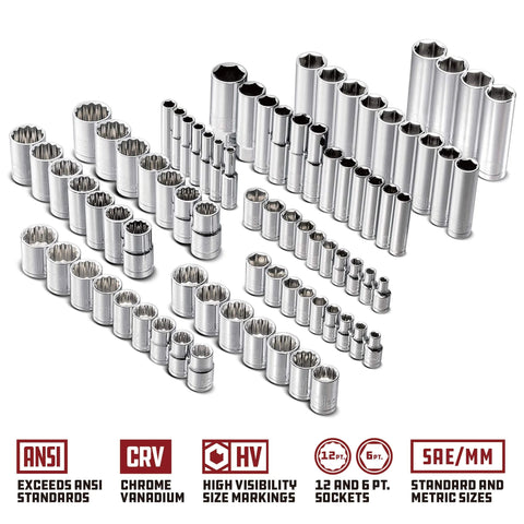 Heavy-Duty 200 Piece Mechanic Tool Set With 1/4, 3/8, And 1/2 Inch Drive Sockets, SAE And Metric, chrome sockets displayed