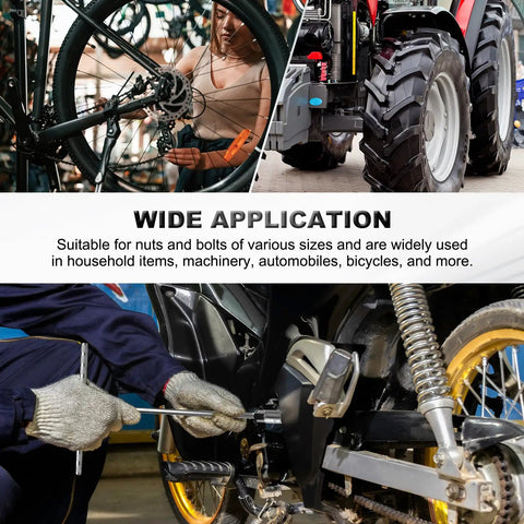 Person using 7Pc T Handle Socket Wrench Set with Long Reach in 8 10 12 13 14 17 19mm for motorcycle repairs, wide application shown