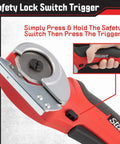 Stalwart Cordless Electric Scissors In Vibrant Red with safety lock switch trigger for precise cutting tasks.