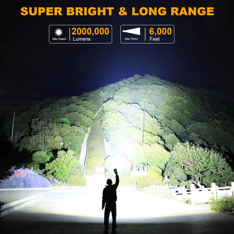 Rechargeable Handheld Spotlight 2,000,000 Lumen Led Flashlight With Cob Light illuminating trees from 6,000 ft at night