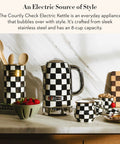 Electric Kettle With Stainless Steel Body In Black And White Courtly Check Pattern For Quick Boiled Water A Game Changing Pick For Tea Or Coffee In A Modern Kitchen on countertop