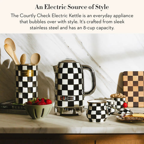Electric Kettle With Stainless Steel Body In Black And White Courtly Check Pattern For Quick Boiled Water A Game Changing Pick For Tea Or Coffee In A Modern Kitchen on countertop