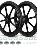 Two black 20 Inch Flat Free Wheelbarrow Wheels And Tires With 2.45 Inch Centered Hub For Three Quarter Inch And Five Eighth Inch Axles