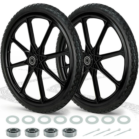 Two black 20 Inch Flat Free Wheelbarrow Wheels And Tires With 2.45 Inch Centered Hub For Three Quarter Inch And Five Eighth Inch Axles