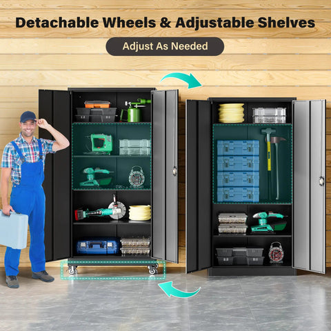 Heavy Duty Metal Rolling Storage Cabinet With Locking Wheels 75 Inch Tall Garage Organizer With Shelves Black Steel Cabinet On Casters