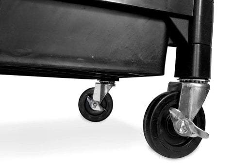 Triple Deck Utility Cart With Three Wide Trays And Dual Handles Does No Sweat Rolling Through Garages Holding Three Hundred Pounds On Steel Frames Features Swivel Casters With Foot Brakes For Secure Tool Transport And Easy Stashing