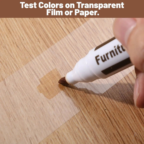 Easy Peasy Wood Furniture Repair Kit Featuring Six Realistic Tone Touch Up Markers And Wax Sticks For Quick Scratch Dent And Nail Hole Fixin On Tables Chairs And Cabinets demonstration with a wood tone marker testing color on a wood surface.
