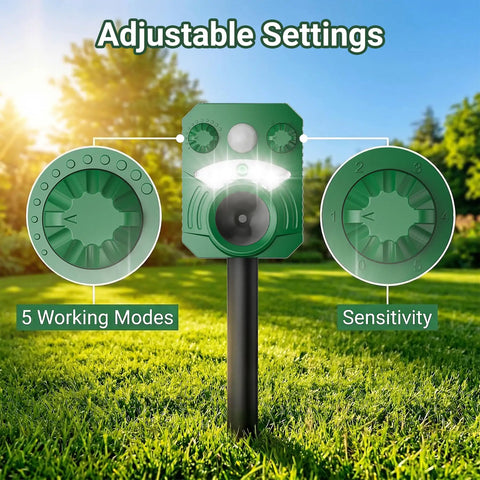 Solar Ultrasonic Animal Repeller 2 Pack With Motion Sensor And Flashing Lights Waterproof Outdoor Pest Deterrent For Deer Cats Dogs Raccoons Squirrels On Lawns Gardens Patios adjustable settings, 5 working modes, sensitivity dial