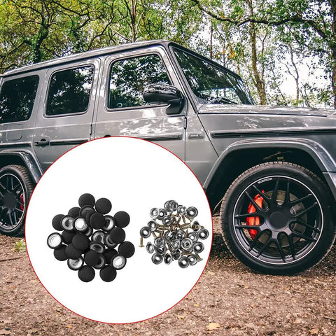 Top Quality 30x Auto Car Roof Snap Rivets Kit For Home Repair Fixing Interior Ceiling Panels And Retaining Pins With Heavy Duty Rust-Proof Stainless Steel Assortment close-up with black caps and metal rivets beside SUV