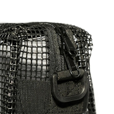 Close-up of the black mesh dive gear bag with zipper and clip detail for snorkeling and scuba quick dry wet gear bag with drainage.