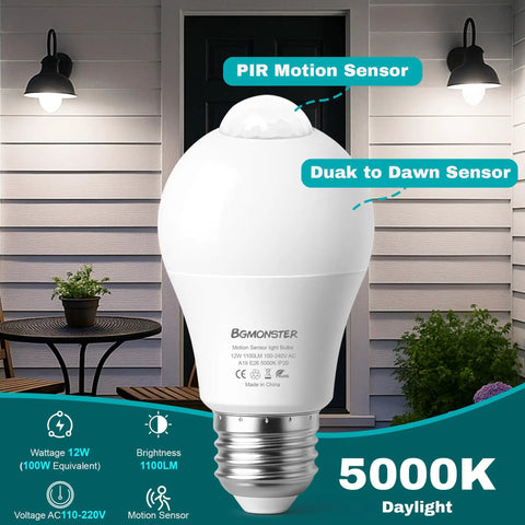 4 Pack Motion Sensor LED Light Bulbs 12W 100W Equivalent Auto On Off Indoor Outdoor Dusk Till Dawn Security Lighting For Porch Garage Basement Hallway Stairs, motion sensor bulb