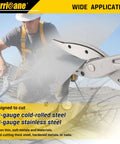 Worker using lightweight aluminum tin snips with replaceable blades for HVAC sheet metal and vinyl siding, cutting steel.