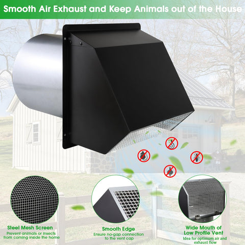 12 Inch Wall Vent Hood With Screen And Damper Cap, black galvanized steel, for outdoor exhaust, industrial and residential use