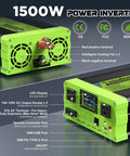 Heavy Duty Road Ready 1500W Pure Sine Wave Power Inverter Converts 12V Dc To 120V Ac, with connections and LCD display.