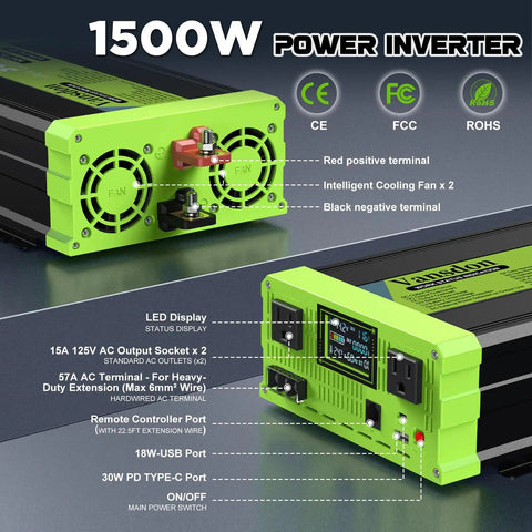 Heavy Duty Road Ready 1500W Pure Sine Wave Power Inverter Converts 12V Dc To 120V Ac, with connections and LCD display.