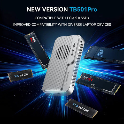 No Sweat Setup M.2 NVMe SSD Enclosure With Blazing 80Gbps Thunderbolt 5 Support showing silver casing and M.2 SSDs around.