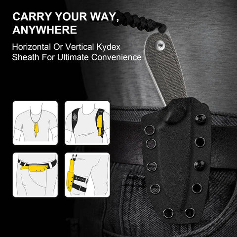 Buddy Fixed Blade Knife With 3 Inch D2 Steel Blade, Olive Green Micarta Handle shown in kydex sheath on belt