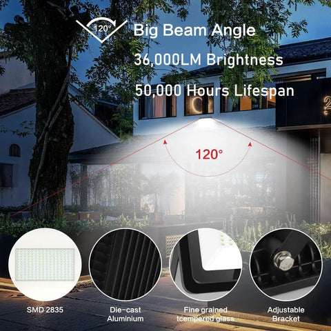 Mega Bright 300W LED Flood Light 36000 Lumens 1600W Equivalent IP66 Waterproof with plug daylight 6000K illuminating driveway
