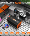 Beast 3000W Power Inverter 12V DC To 110V AC setup in truck bed with various electronics connected