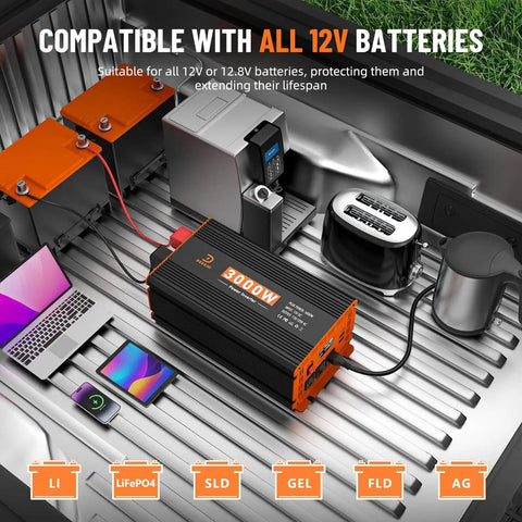 Beast 3000W Power Inverter 12V DC To 110V AC setup in truck bed with various electronics connected