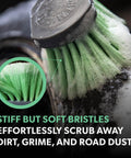 Wheelie Exterior And Wheel Brush With Soft Bristles For Safe, Scratch Free Cleaning shown scrubbing a tire