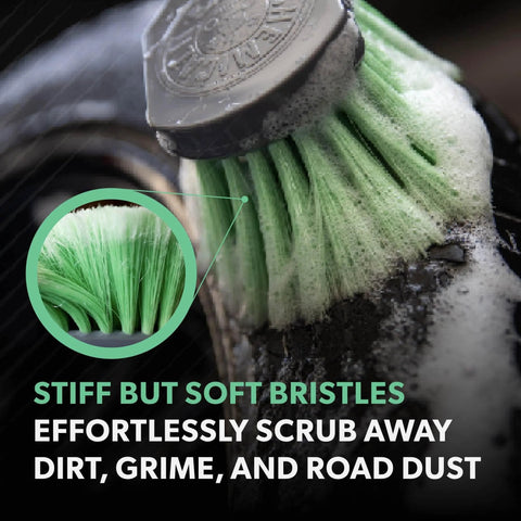 Wheelie Exterior And Wheel Brush With Soft Bristles For Safe, Scratch Free Cleaning shown scrubbing a tire