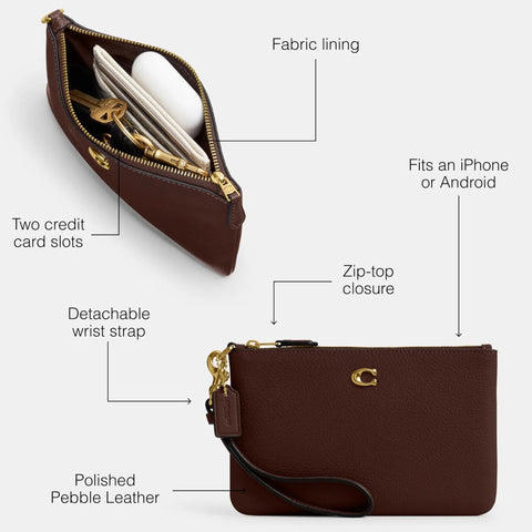 Top Shelf Small Wristlet Crafted From Smooth Pebble Leather With Signature Hardware And Detachable Strap For Phone Cash Cards Everyday Carry Clean Fit Women Fashion Clutch Case showing interior slots and zip-top.