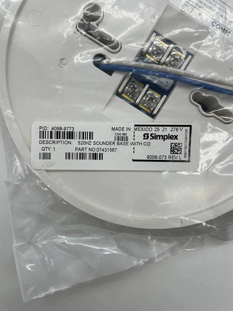 TrueAlarm CO Sensor Base With 520 Hz Sounder for Fire Alarm Systems, product label with wiring connectors visible
