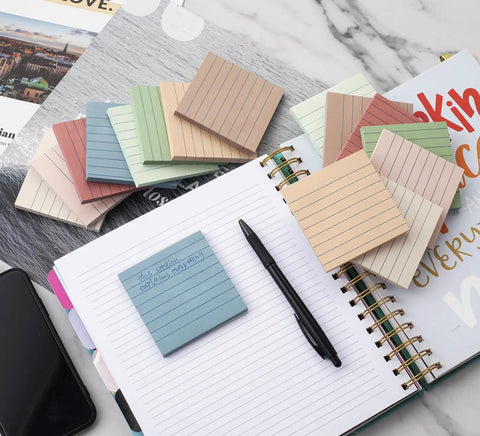 16 Pack Lined Sticky Notes 3 By 3 Inches Ruled Memo Pads With Super Sticky Power In Vintage Colors displayed on table