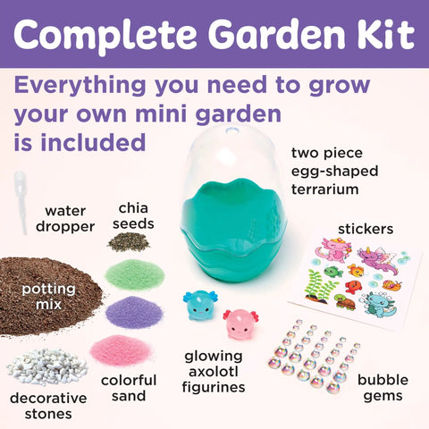 Mini Axolotl Terrarium STEM Kit for Kids with egg-shaped tank, chia seeds, axolotl toys, decorative stones, and colorful sand.
