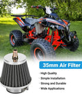 35mm air filter for Chinese pit bikes and ATVs next to a black and red quad bike, fits 50cc-150cc engines with PZ19, PZ20 carb compatibility