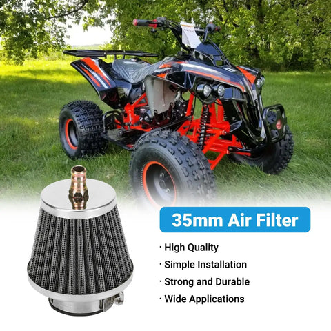 35mm air filter for Chinese pit bikes and ATVs next to a black and red quad bike, fits 50cc-150cc engines with PZ19, PZ20 carb compatibility
