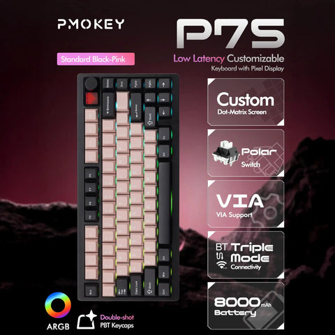 Compact Wireless Mechanical Keyboard With Tri Mode Connectivity And A Slick Dot Matrix Screen Plus Custom Volume Knob For Hella Smooth Typing Vibes And Epic Gaming Sessions Powered By Massive 10000Mah Battery, showing black-pink design and custom pixel display.