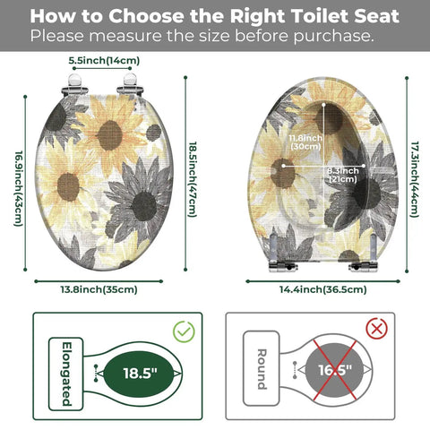 Toilet Seat Elongated Seamless for Bathroom size guide showing measurements for elongated and round styles.