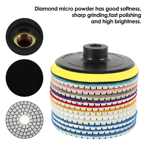 Pro Grade 36 Piece Diamond Polishing Pads Kit For Wet Use 4 Inch Grit Range 50 To 6000 for drill grinder polisher shown stacked