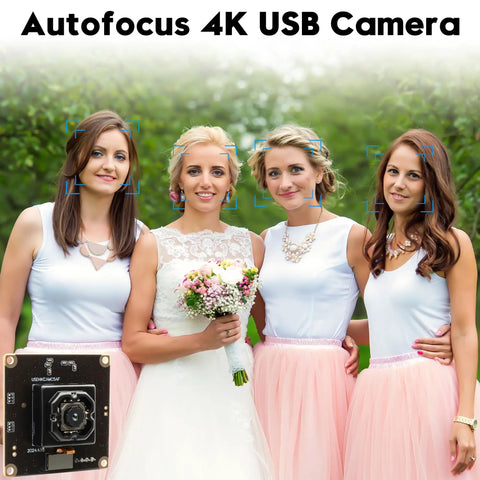 Group of four women outdoors with text 'Autofocus 4K USB Camera' and image of 4K USB Camera Module With IBIS Stabilization Anti Shake 11MP Autofocus Lens