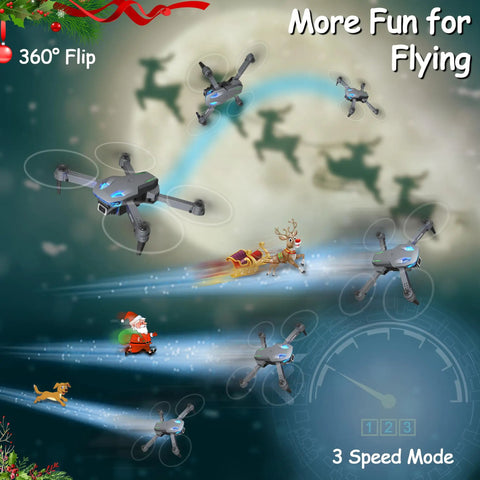 Mini Drone With 1080P Camera demonstrating 360° flip and 3-speed mode in festive night sky.